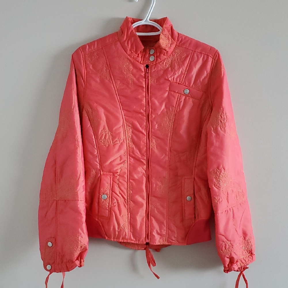 Oilily Quilted Emroidered Vibrant Coral  Spring Lightweight Jacket Sz 36 Or S